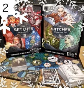 Image of two board games titled "The Witcher: Realms Fall" and "The Witcher: Steel & Silver," featuring colorful artwork of characters and monsters from the Witcher universe. The image showcases game pieces, cards, and a game board, set against a festive background with snowflakes.