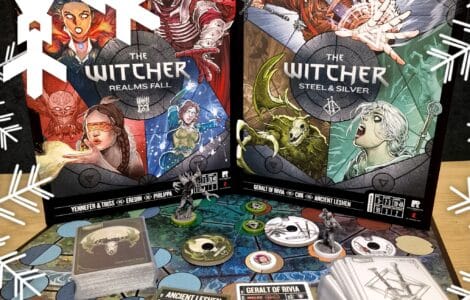 Image of two board games titled "The Witcher: Realms Fall" and "The Witcher: Steel & Silver," featuring colorful artwork of characters and monsters from the Witcher universe. The image showcases game pieces, cards, and a game board, set against a festive background with snowflakes.