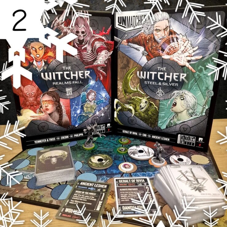 Image of two board games titled "The Witcher: Realms Fall" and "The Witcher: Steel & Silver," featuring colorful artwork of characters and monsters from the Witcher universe. The image showcases game pieces, cards, and a game board, set against a festive background with snowflakes.