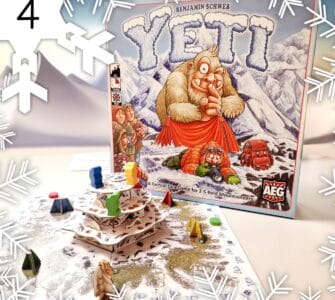 Board game "Yeti" by Benjamin Schwer displayed with colorful game pieces on a snowy mountain landscape, featuring a whimsical Yeti illustration on the box cover, suitable for 2-5 players.