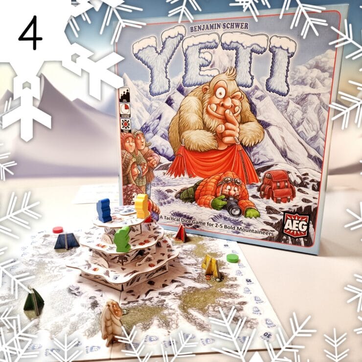 Board game "Yeti" by Benjamin Schwer displayed with colorful game pieces on a snowy mountain landscape, featuring a whimsical Yeti illustration on the box cover, suitable for 2-5 players.