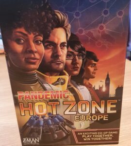Box cover of the board game "Pandemic: Hot Zone - Europe" featuring characters and elements related to a cooperative gameplay experience. Designed by Matt Leacock and Tom Lehmann, this game emphasizes teamwork in a race against time to combat disease outbreaks in European cities.