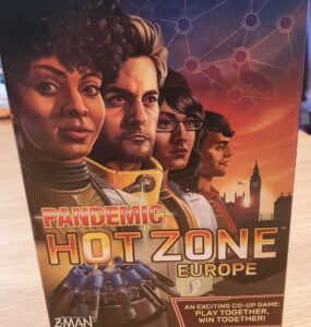 Box cover of the board game "Pandemic: Hot Zone - Europe" featuring characters and elements related to a cooperative gameplay experience. Designed by Matt Leacock and Tom Lehmann, this game emphasizes teamwork in a race against time to combat disease outbreaks in European cities.