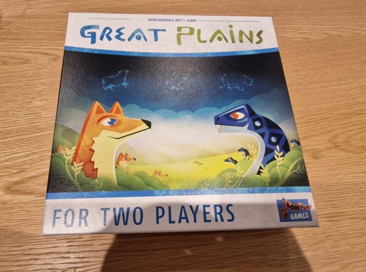 Board game box for "Great Plains," designed for two players, featuring colorful illustrations of a fox and a dinosaur in a vibrant natural landscape.