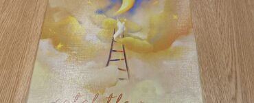 Illustrated book cover titled "Catch the Moon," featuring a whimsical scene of a white cat on a ladder reaching for a crescent moon amidst soft clouds and twinkling stars, set against a dreamy sky.