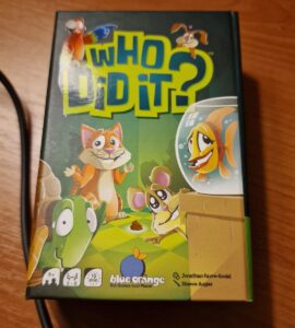 Colorful board game box for "Who Did It?" featuring cartoon animals, designed for 3-6 players aged 6 and up, published by Blue Orange Games. The game promotes deduction and observation skills in a fun, engaging way, perfect for family game nights.
