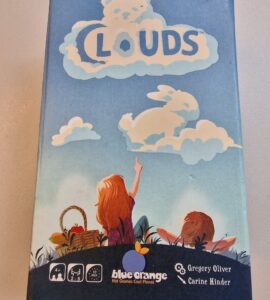 Colorful board game box for "LOUDS" by Blue Orange Games, featuring children observing cloud shapes. Ideal for family fun, suitable for ages 4 and up, designed for 2-5 players with a quick 10-minute gameplay.