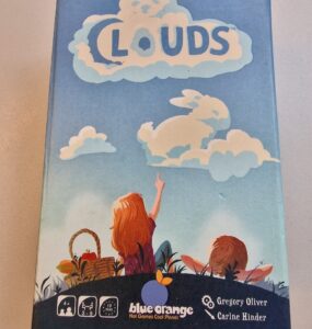 Colorful board game box for "LOUDS" by Blue Orange Games, featuring children observing cloud shapes. Ideal for family fun, suitable for ages 4 and up, designed for 2-5 players with a quick 10-minute gameplay.