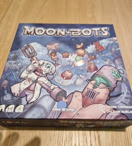 Board game "Moon-Bots" featuring colorful artwork of robots on a lunar landscape, designed for 2-4 players aged 7 and up, with an estimated playtime of 30 minutes.