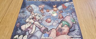 Board game "Moon-Bots" featuring colorful artwork of robots on a lunar landscape, designed for 2-4 players aged 7 and up, with an estimated playtime of 30 minutes.