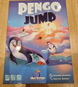 Colorful board game box for "Pengo Jump" featuring playful penguins on an ice-themed design, published by Blue Orange Games. Suitable for ages 6 and up, accommodating 1 to 4 players with a gameplay duration of approximately 10 minutes.