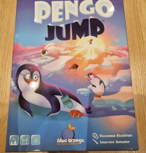 Colorful board game box for "Pengo Jump" featuring playful penguins on an ice-themed design, published by Blue Orange Games. Suitable for ages 6 and up, accommodating 1 to 4 players with a gameplay duration of approximately 10 minutes.