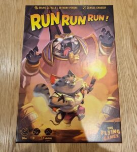 Board game box for "Run Run Run!" featuring vibrant artwork of a heroic cat character and a menacing dog antagonist. Designed for 1-4 players, suitable for ages 8 and up, with an estimated playtime of 30 minutes. Published by The Flying Games.