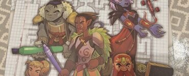 Cover of the board game "Dungeon Crawlers: Heroes of Undermountain," featuring colorful illustrations of diverse fantasy characters, including an orc, elf, and dwarf, set against a graph paper background. The title emphasizes the game's real-time dungeon racing theme, created by Vangelis Bagiartakis and Konstantinos Karagiannis, published by WizKids.