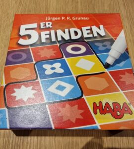 Colorful board game box for "5er Finden" by Jürgen P. K. Grunau, featuring various shapes and vibrant colors, designed for engaging gameplay. HABA branding visible in the corner.