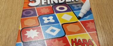 Colorful board game box for "5er Finden" by Jürgen P. K. Grunau, featuring various shapes and vibrant colors, designed for engaging gameplay. HABA branding visible in the corner.