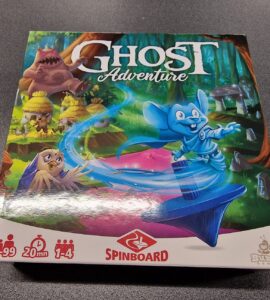 Board game box for "Ghost Adventure" featuring colorful artwork of characters in a whimsical forest setting. The game is suitable for ages 8 to 99, supports 1 to 4 players, and has an average playtime of 20 minutes. Branding includes Spinboard and Buzzing Games logos.