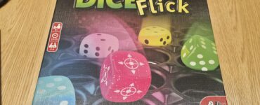 Board game Dice Flick by Rami Gaber, featuring colorful dice on the box cover, suitable for 2-4 players aged 8 and up, with a playtime of 15-25 minutes.