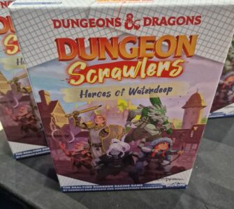 Dungeons & Dragons Dungeon Scrawlers: Heroes of Waterdeep board game box displayed at a gaming convention, featuring colorful artwork of characters preparing for adventure.