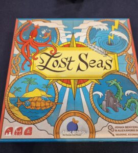 Colorful board game box for "Lost Seas" featuring an octopus, mythical sea creatures, and a nautical design. The game is suitable for 2-4 players, ages 7 and up, with a playtime of approximately 20 minutes. Published by Blue Orange Games, designed by Johan Benvenuto and Alexandre Droit, with artwork by Marine Joumard.