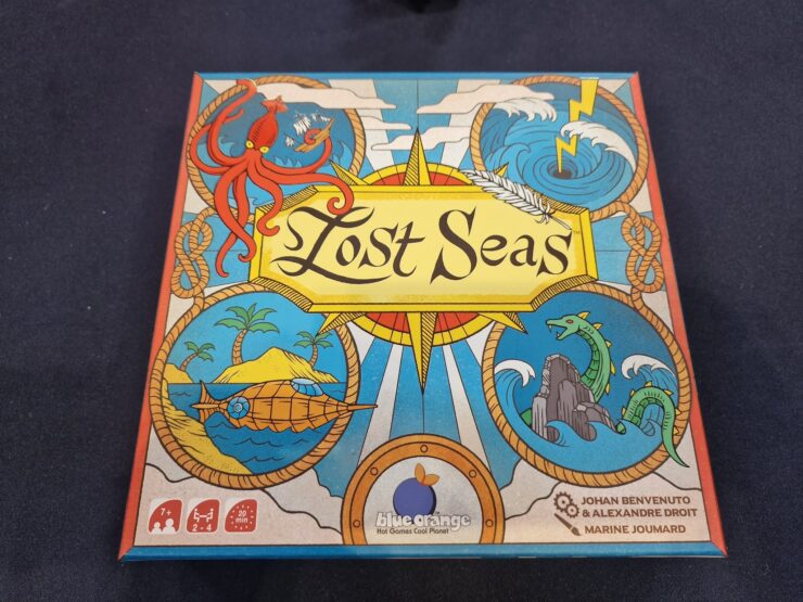 Colorful board game box for "Lost Seas" featuring an octopus, mythical sea creatures, and a nautical design. The game is suitable for 2-4 players, ages 7 and up, with a playtime of approximately 20 minutes. Published by Blue Orange Games, designed by Johan Benvenuto and Alexandre Droit, with artwork by Marine Joumard.