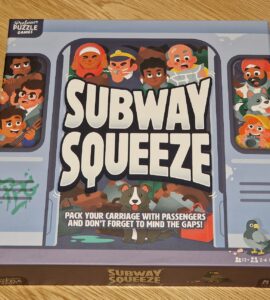 Colorful board game box for "Subway Squeeze," featuring cartoon-style illustrations of diverse passengers in a subway train. The box emphasizes gameplay elements like packing the carriage and avoiding gaps, suitable for 2-4 players aged 12 and up, with an estimated playtime of 30 minutes.