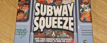 Colorful board game box for "Subway Squeeze," featuring cartoon-style illustrations of diverse passengers in a subway train. The box emphasizes gameplay elements like packing the carriage and avoiding gaps, suitable for 2-4 players aged 12 and up, with an estimated playtime of 30 minutes.