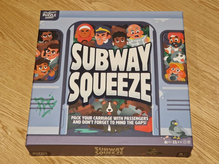 Colorful board game box for "Subway Squeeze," featuring cartoon-style illustrations of diverse passengers in a subway train. The box emphasizes gameplay elements like packing the carriage and avoiding gaps, suitable for 2-4 players aged 12 and up, with an estimated playtime of 30 minutes.