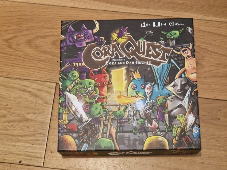 Board game box for "Cora Quest," designed by Cora and Dan Hughes, featuring colorful illustrations of various whimsical creatures and characters. Suitable for 1-4 players, ages 6 and up, with an average playtime of 45 minutes.