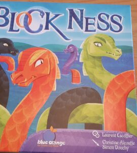 Colorful board game "Block Ness" featuring cartoon-style sea monsters, designed for 2-4 players aged 8 and up. The box showcases vibrant illustrations of various mythical creatures against a scenic background, highlighting the game's playful theme.