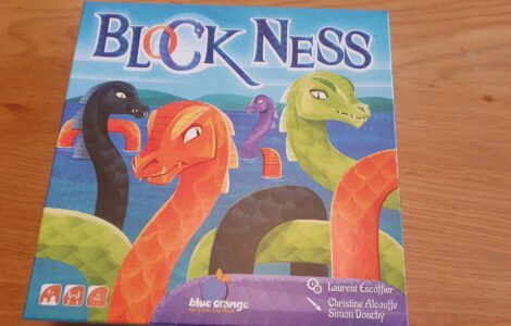 Colorful board game "Block Ness" featuring cartoon-style sea monsters, designed for 2-4 players aged 8 and up. The box showcases vibrant illustrations of various mythical creatures against a scenic background, highlighting the game's playful theme.