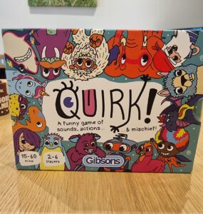 Colorful game box for "Quirk!" by Gibsons, featuring playful characters and the tagline "A funny game of sounds, actions... & mischief!" Suitable for 2-6 players, with a gameplay duration of 15-60 minutes.