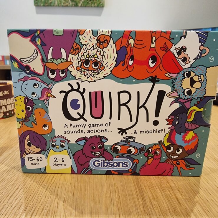 Colorful game box for "Quirk!" by Gibsons, featuring playful characters and the tagline "A funny game of sounds, actions... & mischief!" Suitable for 2-6 players, with a gameplay duration of 15-60 minutes.