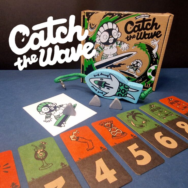 Colorful board game "Catch the Wave" featuring game components including cards, a character illustration, and game pieces, displayed with a playful design on a blue background.