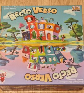 Colorful board game box for "Recto Verso" by Inka Brand, Markus Brand, and Camille Chaussy, featuring whimsical illustrations of a quirky house and playful characters, designed by Tiki Editions.