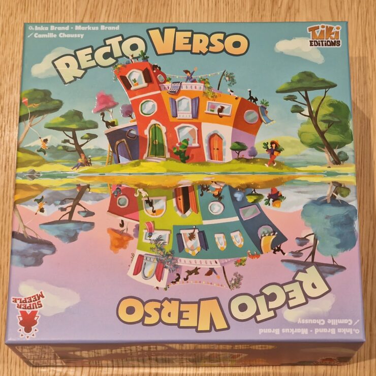 Colorful board game box for "Recto Verso" by Inka Brand, Markus Brand, and Camille Chaussy, featuring whimsical illustrations of a quirky house and playful characters, designed by Tiki Editions.