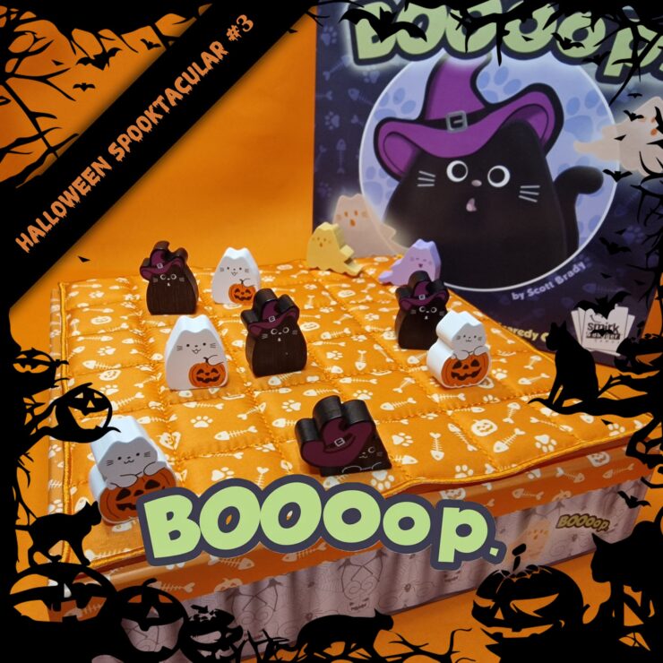 Colorful Halloween-themed board game setup featuring cute cat game pieces, including black and white cats in costumes, on an orange quilted board. The game, titled "Boooop," is designed by Scott Brady, with a festive background of bats and pumpkins. Perfect for family fun during the Halloween season.