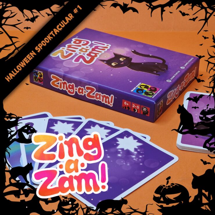 Halloween-themed game "Zing-a-Zam!" displayed with colorful cards and a purple box featuring a playful black cat, suitable for 2-5 players aged 6 and up. Perfect for festive gatherings and family game nights.