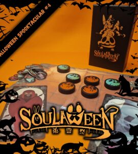 Colorful game components from the Halloween-themed board game "Soulween," featuring a spooky orange background, tokens with various designs, and the game box prominently displayed. Ideal for Halloween festivities and game nights.