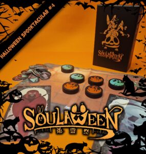 Colorful game components from the Halloween-themed board game "Soulween," featuring a spooky orange background, tokens with various designs, and the game box prominently displayed. Ideal for Halloween festivities and game nights.