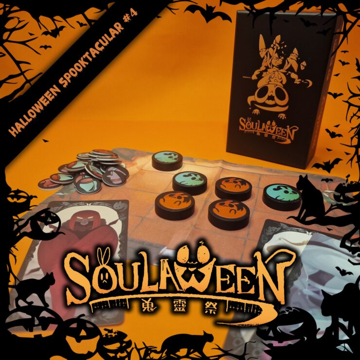 Colorful game components from the Halloween-themed board game "Soulween," featuring a spooky orange background, tokens with various designs, and the game box prominently displayed. Ideal for Halloween festivities and game nights.