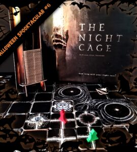 Image of the board game "The Night Cage" featuring dark tiles, player pieces in red and green, and a haunting background with a hand reaching out. The image includes Halloween-themed decorations and text for a Halloween event.