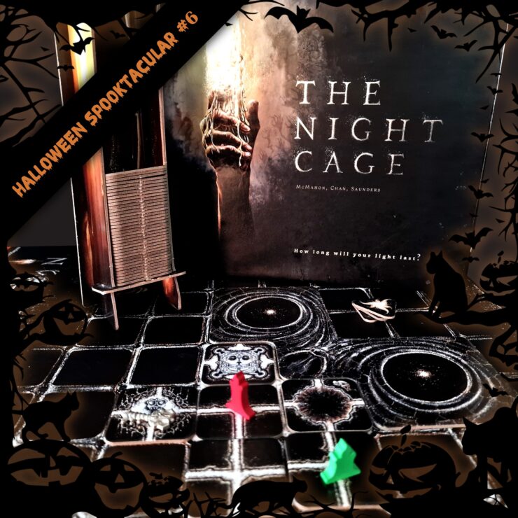 Image of the board game "The Night Cage" featuring dark tiles, player pieces in red and green, and a haunting background with a hand reaching out. The image includes Halloween-themed decorations and text for a Halloween event.