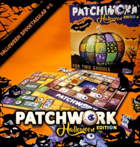 Patchwork Halloween Edition board game displayed on an orange background, featuring a colorful pumpkin design and game pieces. The box indicates it's designed for two players, emphasizing a spooky theme suitable for Halloween.