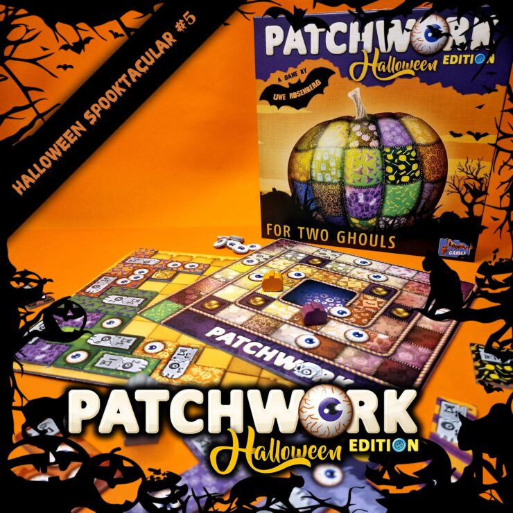 Patchwork Halloween Edition board game displayed on an orange background, featuring a colorful pumpkin design and game pieces. The box indicates it's designed for two players, emphasizing a spooky theme suitable for Halloween.