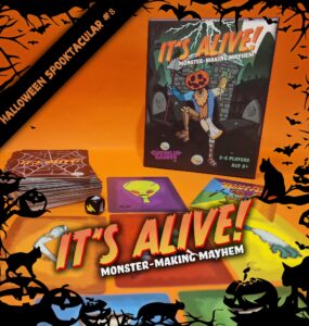 Board game "It's Alive! Monster-Making Mayhem" displayed with game cards and dice on an orange background, suitable for 2-6 players aged 8 and up, designed by Gremlin Games for Halloween fun.