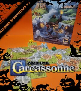 Board game "Mists over Carcassonne" displayed with tiles and game pieces on an orange background, featuring ghostly characters and a fantasy landscape, perfect for Halloween-themed gaming events.