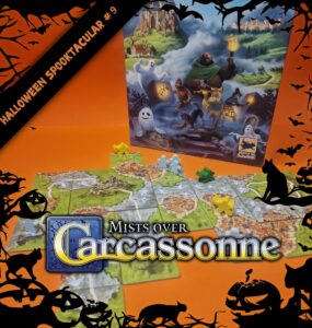 Board game "Mists over Carcassonne" displayed with tiles and game pieces on an orange background, featuring ghostly characters and a fantasy landscape, perfect for Halloween-themed gaming events.