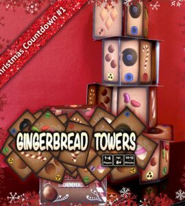 Colorful game packaging for "Gingerbread Towers," featuring stacked boxes decorated with festive candy designs, set against a red background. The image highlights the game’s player count (1-4), age recommendation (6+), and game duration (10-15 minutes), promoting it as a fun holiday activity.
