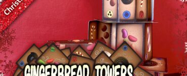 Colorful game packaging for "Gingerbread Towers," featuring stacked boxes decorated with festive candy designs, set against a red background. The image highlights the game’s player count (1-4), age recommendation (6+), and game duration (10-15 minutes), promoting it as a fun holiday activity.